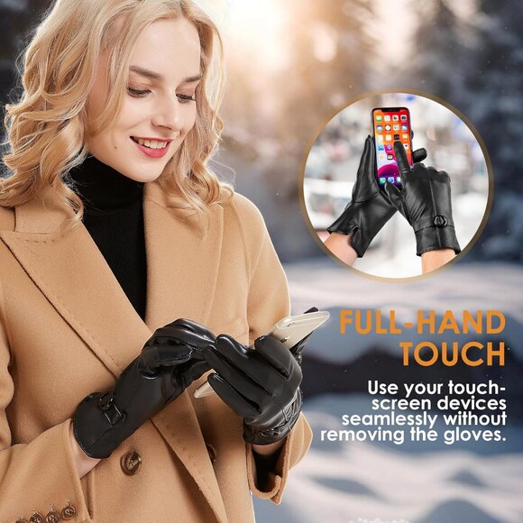 Women's Winter Leather Gloves Texting Warm Driving Lambskin Gloves Black - Picture 3 of 7